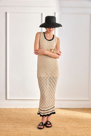 VESTIDO BICOLOR PUNTO CALADO - CAMEL