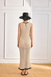 VESTIDO BICOLOR PUNTO CALADO - CAMEL