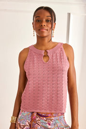 TOP CUT OUT LACE TOP WITH RING - PINK