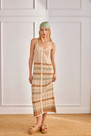 VESTIDO PUNTO CALADO FRANJAS TRICOLOR - CRUDO