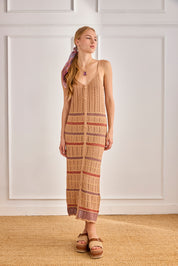 VESTIDO PUNTO CALADO FRANJAS TRICOLOR - CAMEL