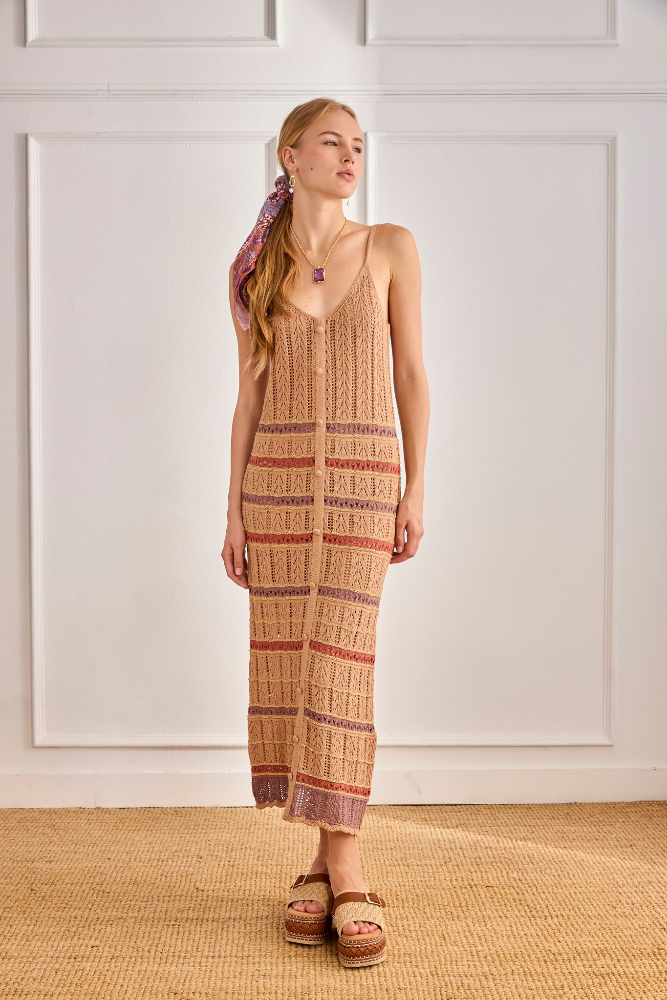 Openwork Knit Dress with Tricolor Stripes - Camel ml Openwork Knit Dress with Tricolor Stripes - Camel ml