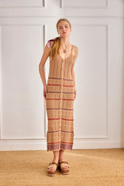 VESTIDO PUNTO CALADO FRANJAS TRICOLOR - CAMEL