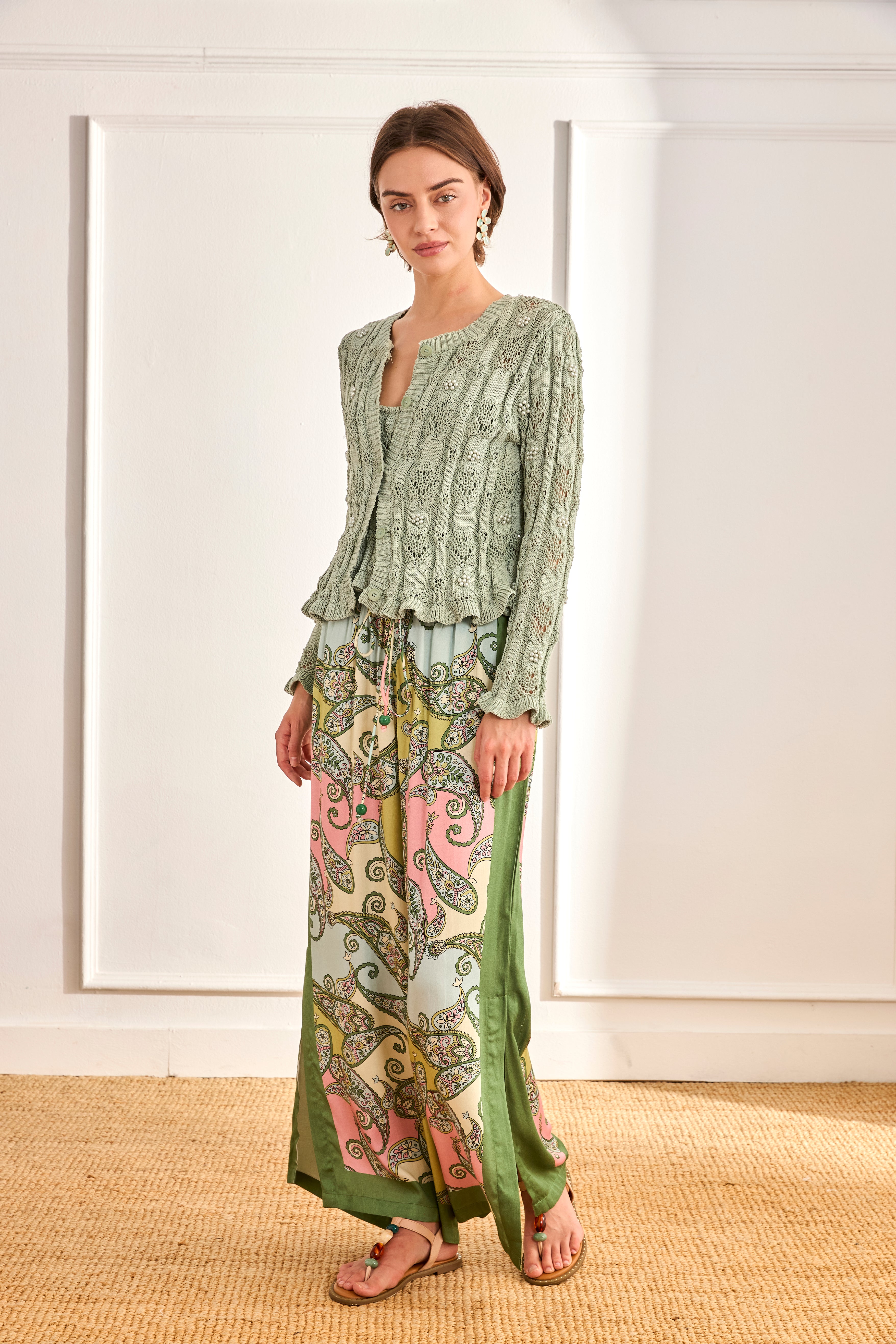 TWIN SET CARDIGAN AND TOP WITH FANTASY PEARLS - GREEN – NKNnekane