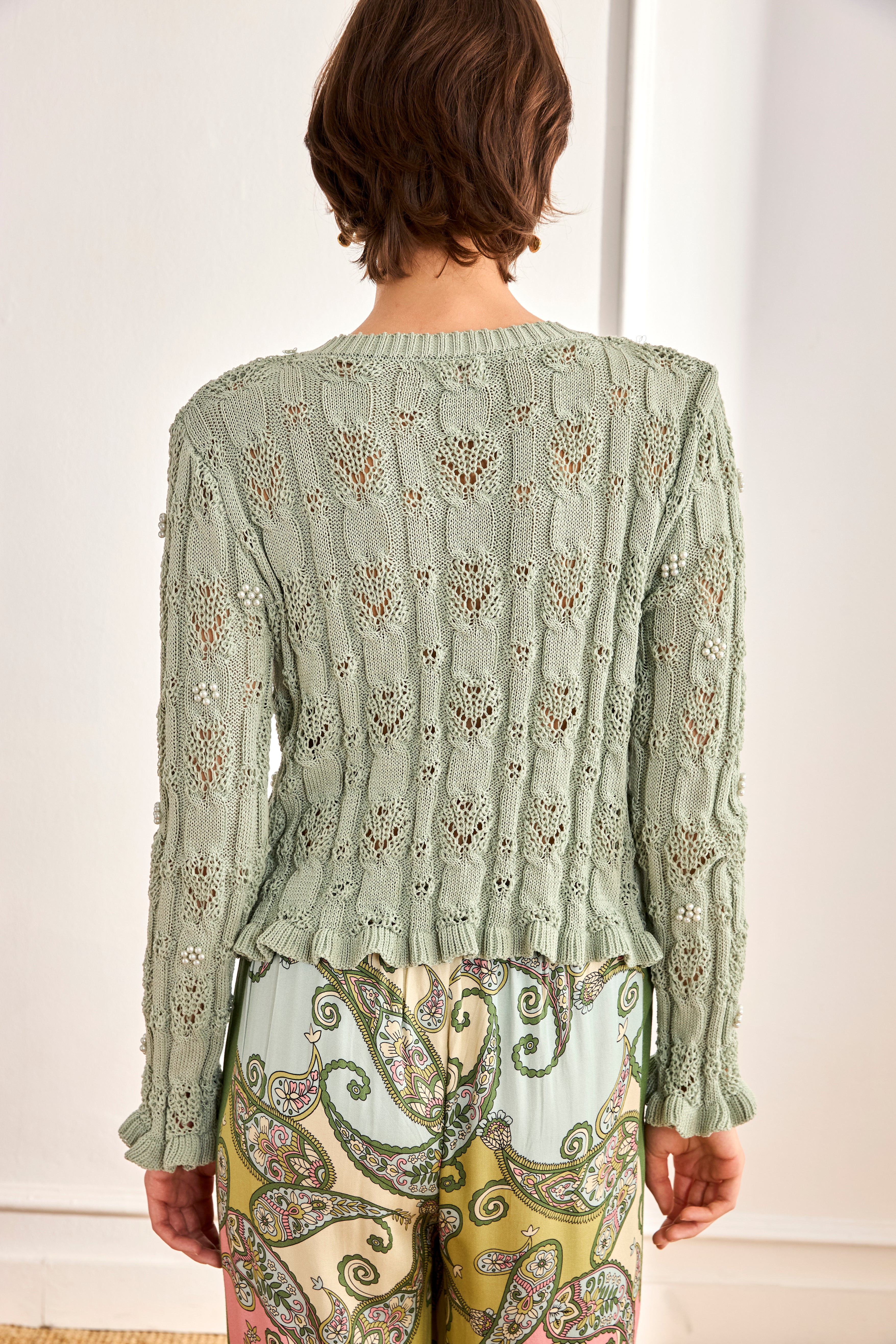 TWIN SET CARDIGAN AND TOP WITH FANTASY PEARLS - GREEN – NKNnekane