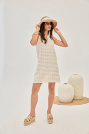 TRICOLOR OPENWORK KNIT SHORT DRESS - ECRUDE