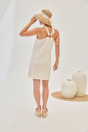 TRICOLOR OPENWORK KNIT SHORT DRESS - ECRUDE