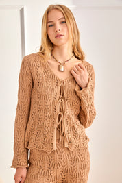 CAMEL CARDIGAN WITH LACE, TIES AND STUDS