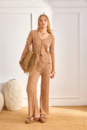 CAMEL CARDIGAN WITH LACE, TIES AND STUDS