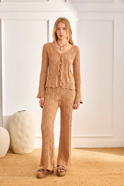 CAMEL CARDIGAN WITH LACE, TIES AND STUDS