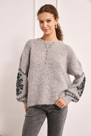 JERSEY LANA MANGAS BORDADAS - GRIS