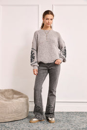 JERSEY LANA MANGAS BORDADAS - GRIS
