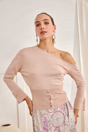 ASYMMETRICAL BUTTONED JERSEY - CAMEL