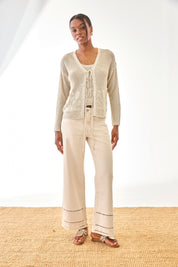 CÁRDIGAN PUNTO CALADO BORDADO CUENTAS - CRUDO