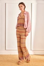 TRICOLOR OPEN KNIT TROUSERS - CAMEL