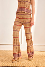 TRICOLOR OPEN KNIT TROUSERS - CAMEL