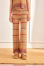 TRICOLOR OPEN KNIT TROUSERS - CAMEL