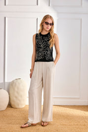 EMBROIDERED FILIGREE KNIT TOP - BLACK