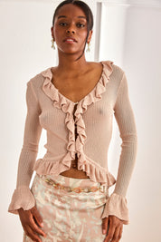 CÁRDIGAN PUNTO CANALÉ VOLANTES - CAMEL