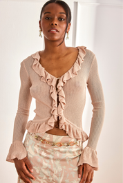 CÁRDIGAN PUNTO CANALÉ VOLANTES - CAMEL