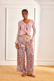 RIBBED KNIT CARDIGAN WITH RUFFLES - PINK