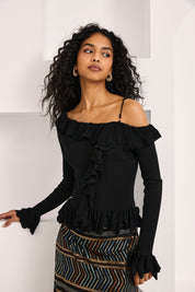 JERSEY OFF SHOULDER VOLANTES - NEGRO
