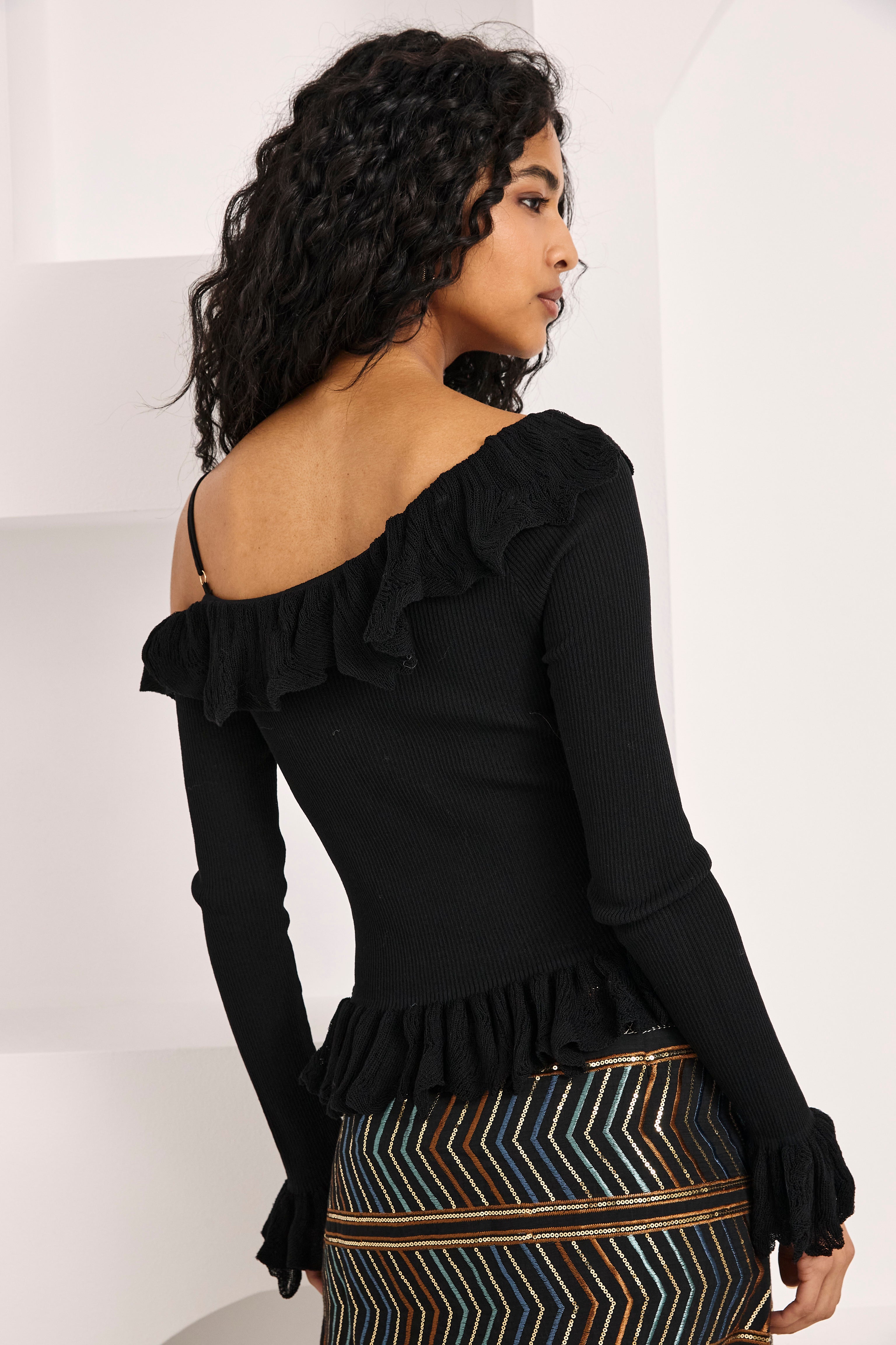 JERSEY OFF SHOULDER VOLANTES - NEGRO