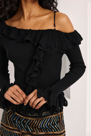 JERSEY OFF SHOULDER VOLANTES - NEGRO