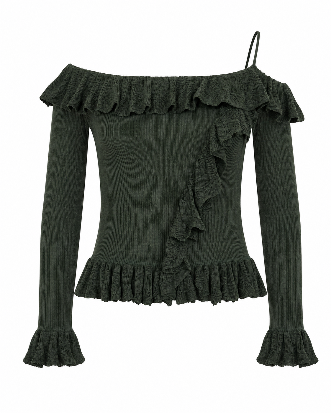 OFF SHOULDER RUFFLED JERSEY - GREEN - GREEN