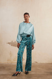 PANTALON RECTO ESTAMPADO TERCIOPELO - TURQUOISE