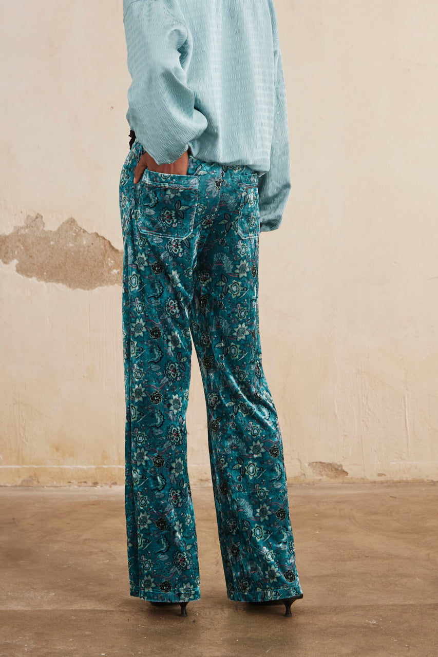 PANTALON RECTO ESTAMPADO TERCIOPELO - TURQUOISE