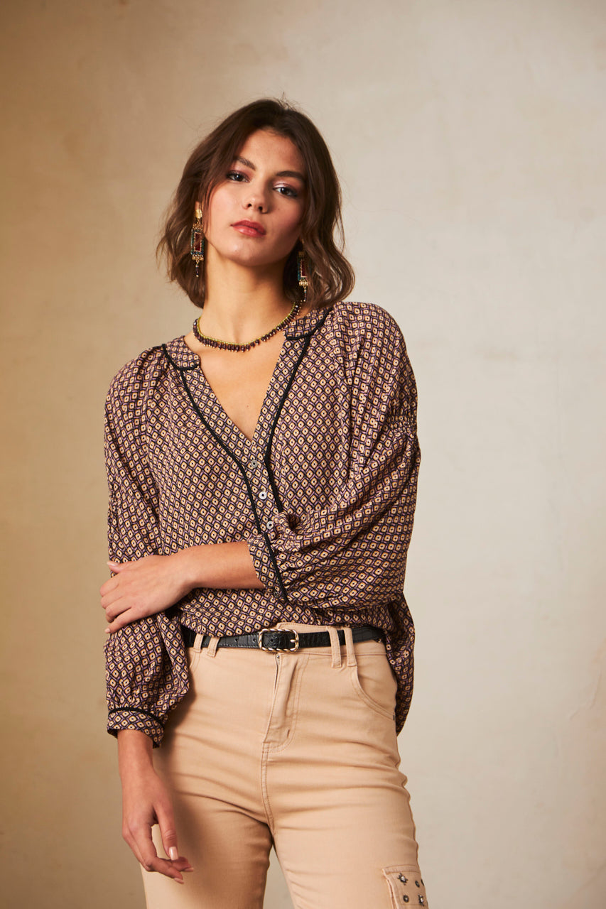 PRINTED LONG SLEEVE BLOUSE - BLACK