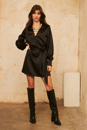 Plain Long Sleeve Short Dress - Black
