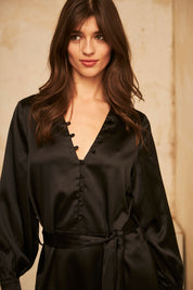 Plain Long Sleeve Short Dress - Black