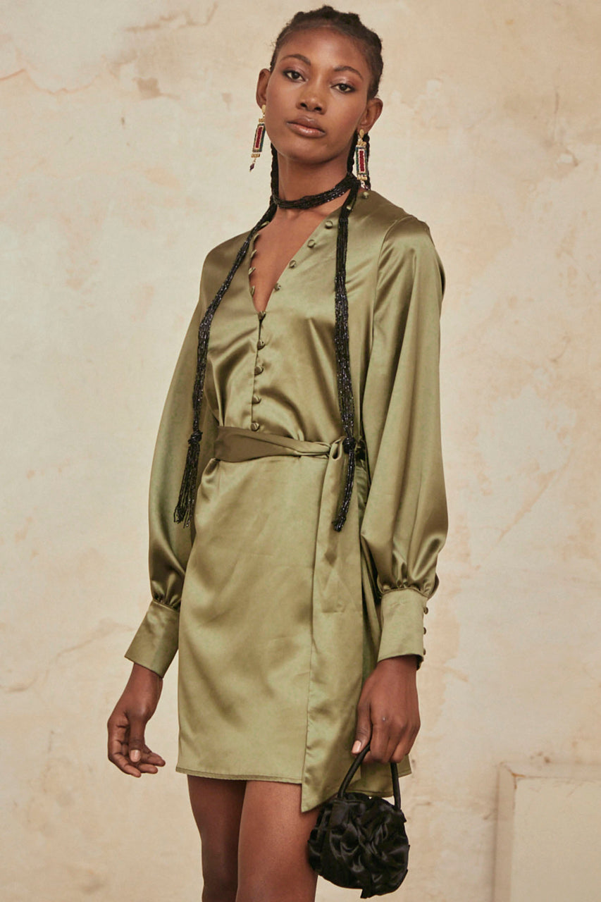 Plain Long-Sleeved Short Dress - Khaki