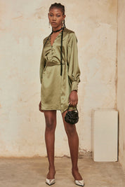 Plain Long-Sleeved Short Dress - Khaki