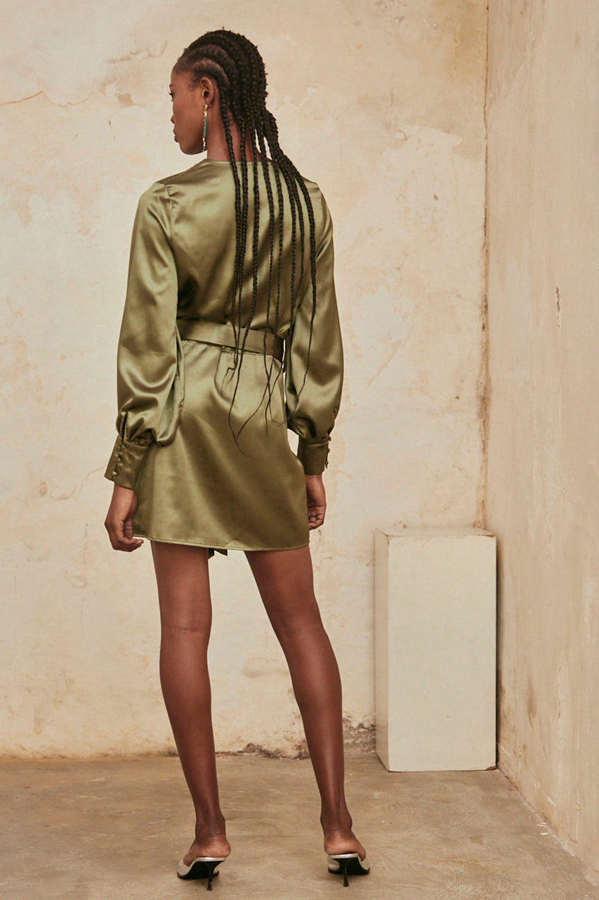 Plain Long-Sleeved Short Dress - Khaki