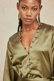 Plain Long-Sleeved Short Dress - Khaki