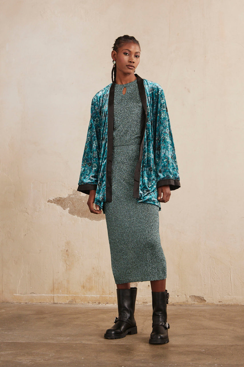 SHORT PRINTED VELVET KIMONO - TURQUOISE