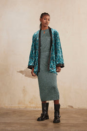 SHORT PRINTED VELVET KIMONO - TURQUOISE