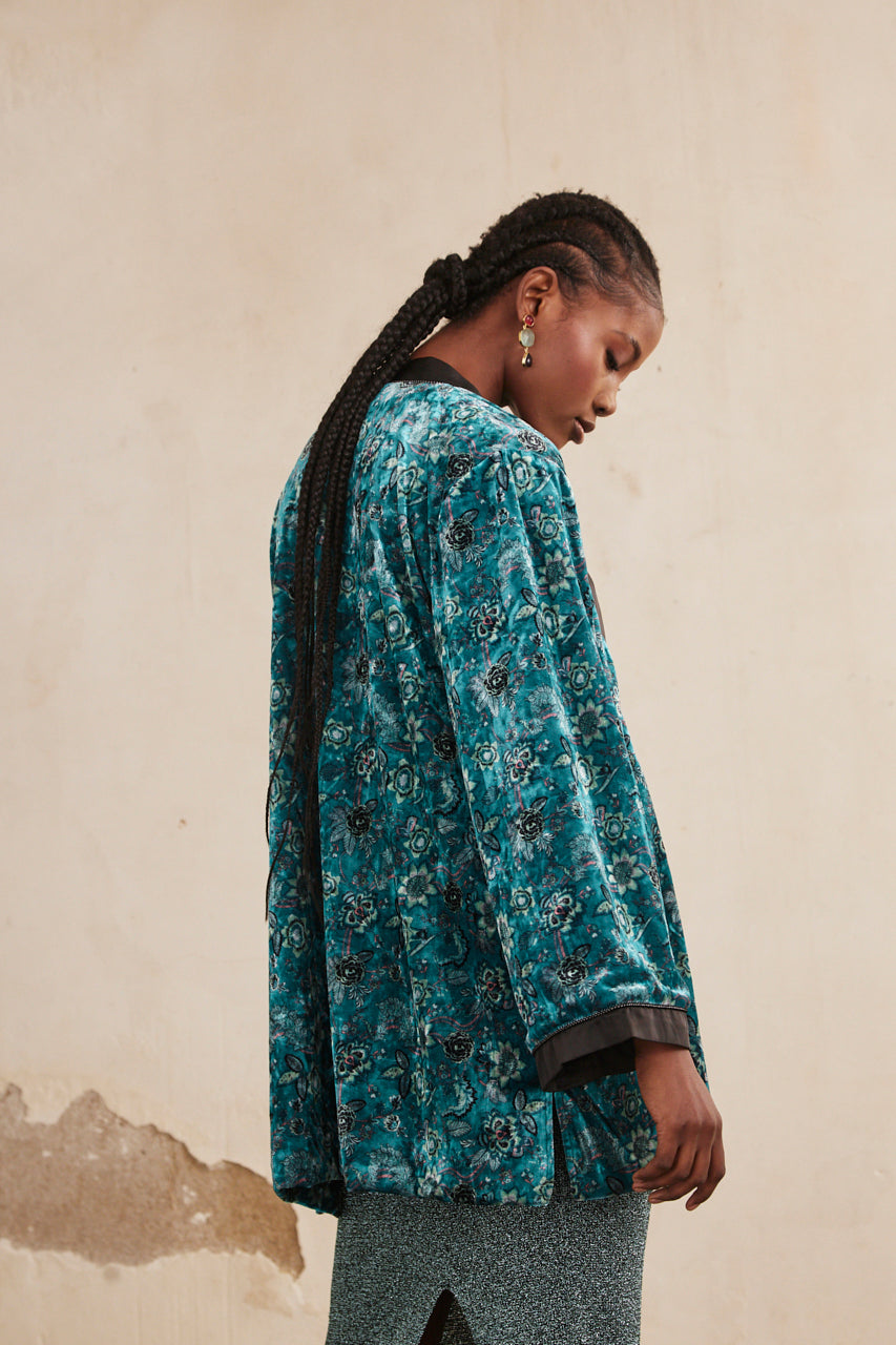 SHORT PRINTED VELVET KIMONO - TURQUOISE