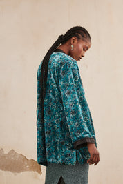SHORT PRINTED VELVET KIMONO - TURQUOISE