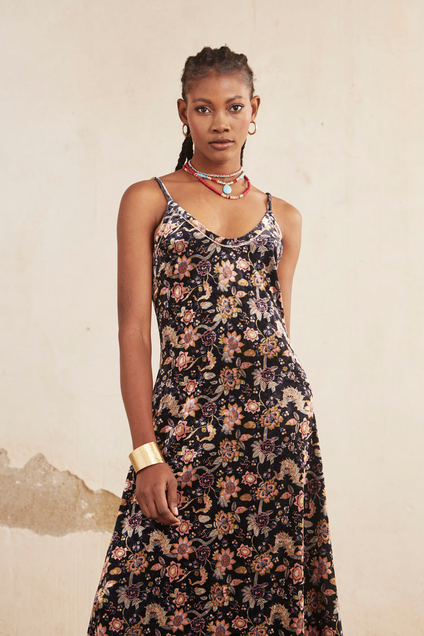 Long Printed Velvet Strappy Dress - Black
