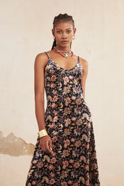 Long Printed Velvet Strappy Dress - Black
