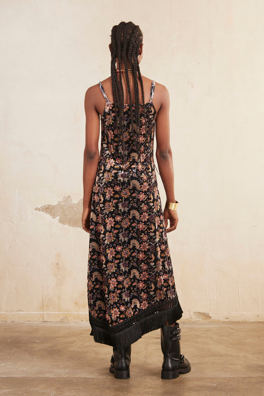Long Printed Velvet Strappy Dress - Black