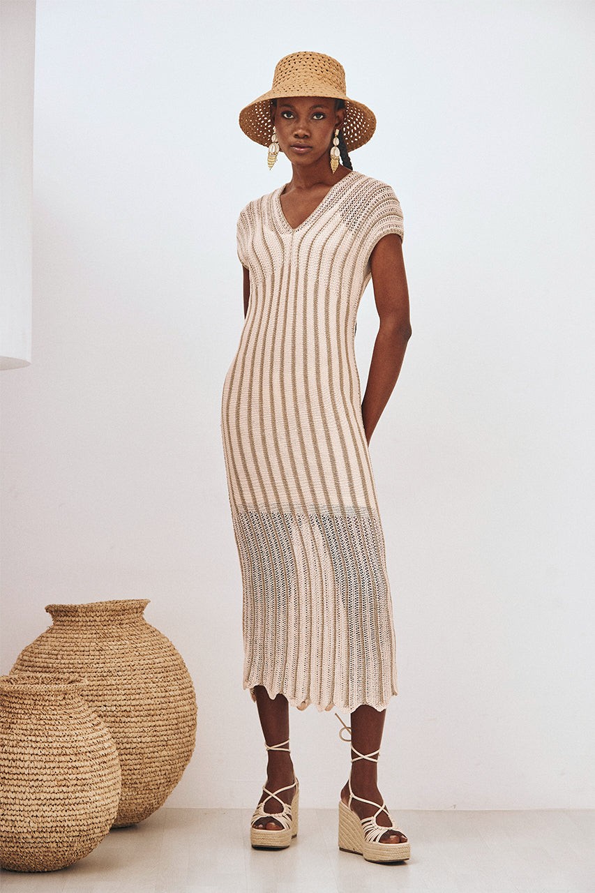 LUREX KNITTED MAXI DRESS - ECRU