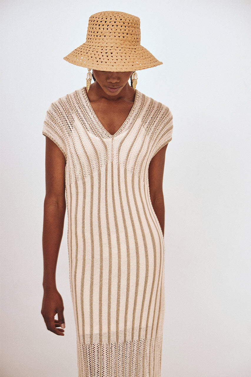 LUREX KNITTED MAXI DRESS - ECRU