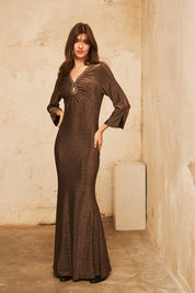 Long-sleeved fitted dress with a ribbon neckline and lurex fabric - bronze