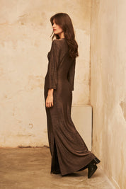 Long-sleeved fitted dress with a ribbon neckline and lurex fabric - bronze