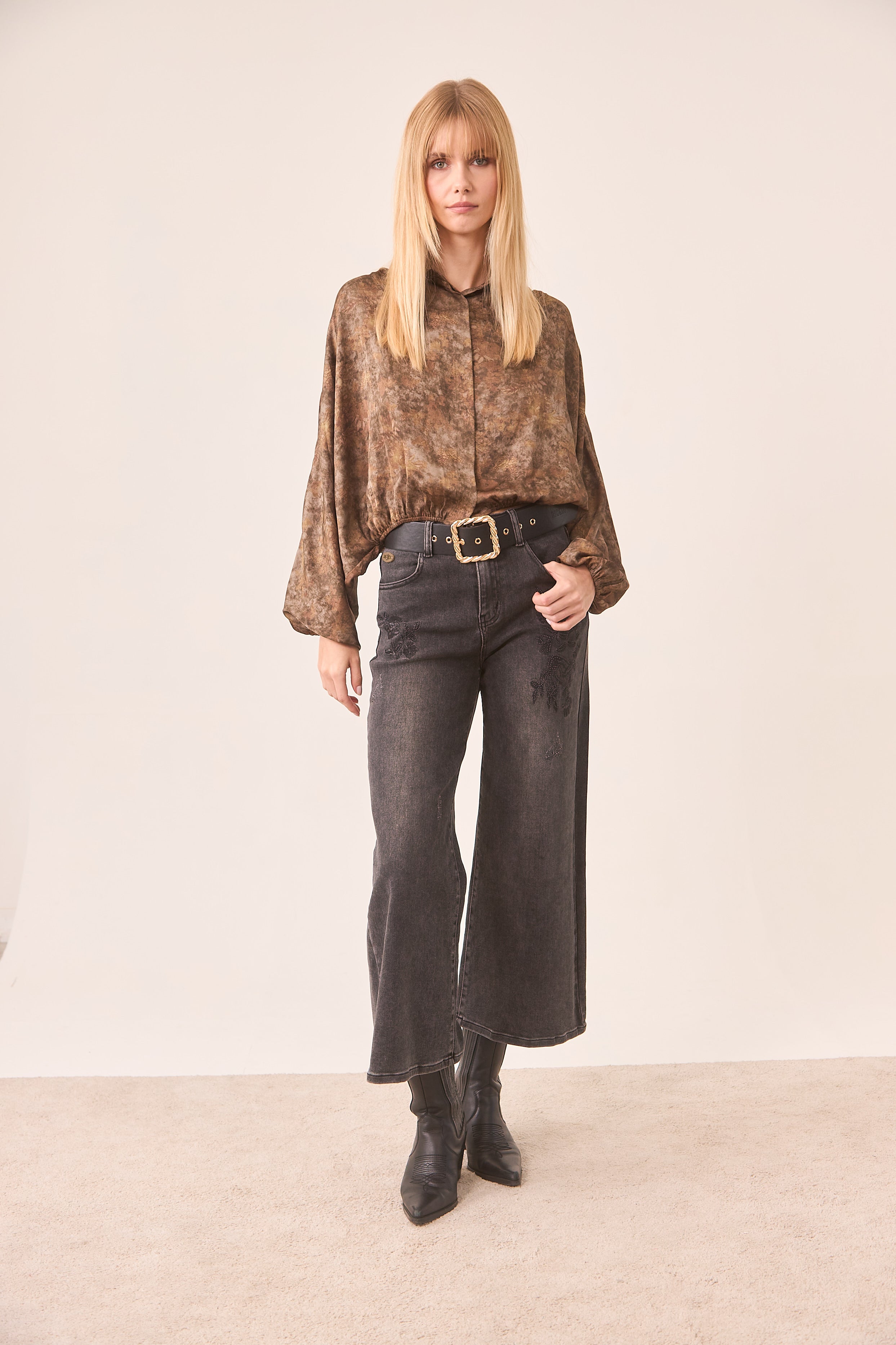 BLUSA CAMISERA MANGA BALOON -CHOCOLATE